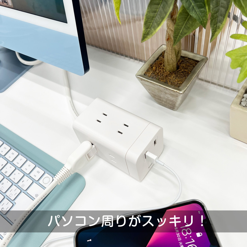 電源タップ 2m タワー型 6個口 USB-A 2ポート 縦置き横置きOK ケーブル90度回転 雷ガード 難燃性樹脂 コンパクト SK110U2モデル