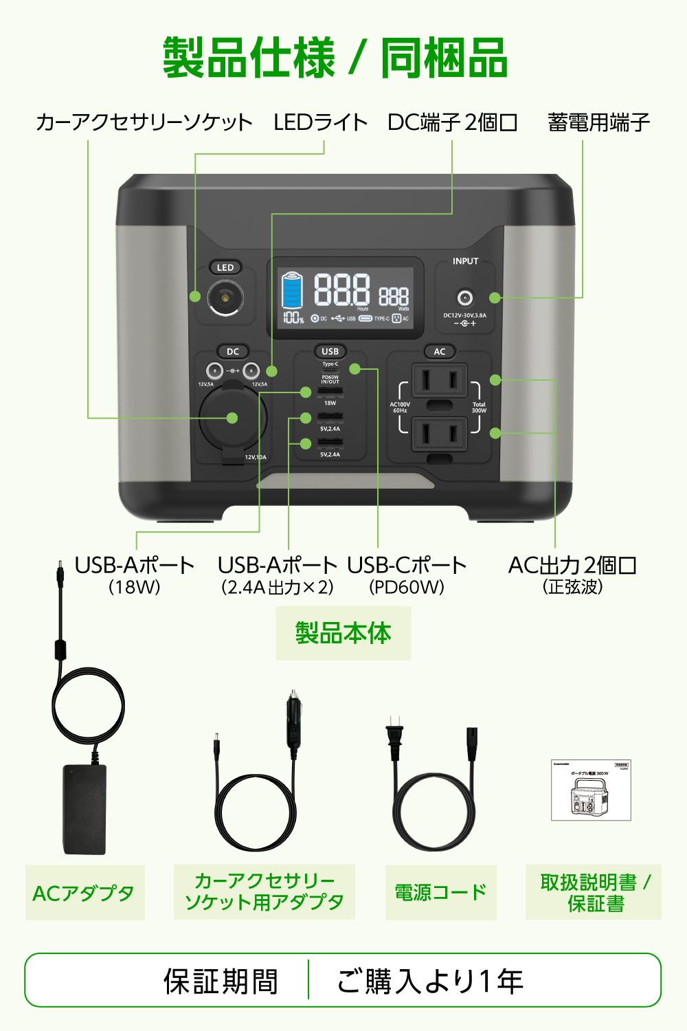 3種類のLEDが備わるポータブル発電機 大容量電源 キャンペーン価格】ポータブル電源 300W PD60W 80000mAh/288Wh